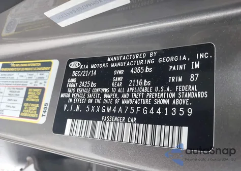 2015 Kia Optima Lx z USA, uszkodzony, nr VIN 5XXGM4A75FG441359